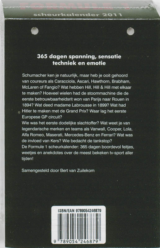 Achterkant van Formule 1 Scheurkalender 2011