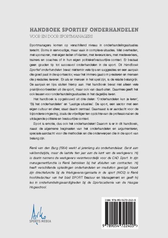 Achterkant van Handboek sportief onderhandelen voor en door sportmanagers