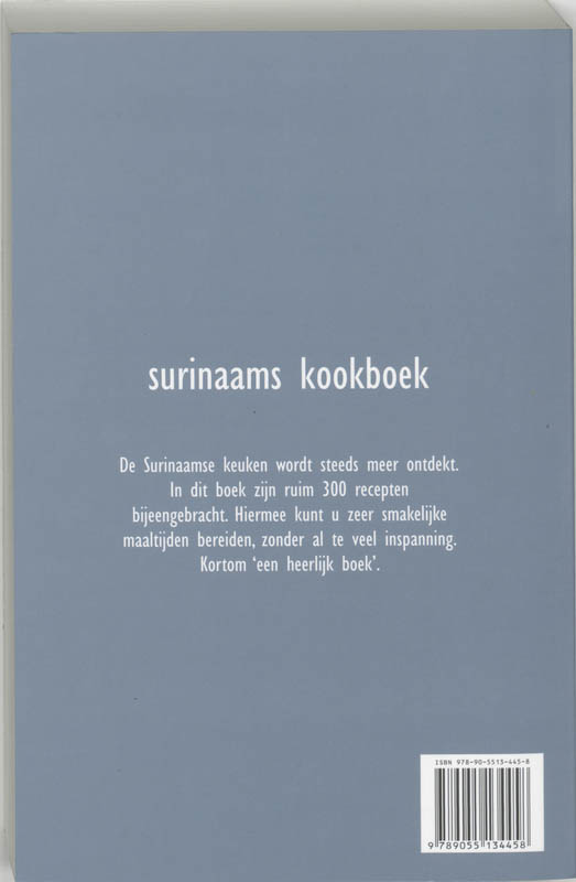 Achterkant van Surinaams kookboek