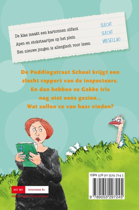 Achterkant van Gekke Iris redt de school
