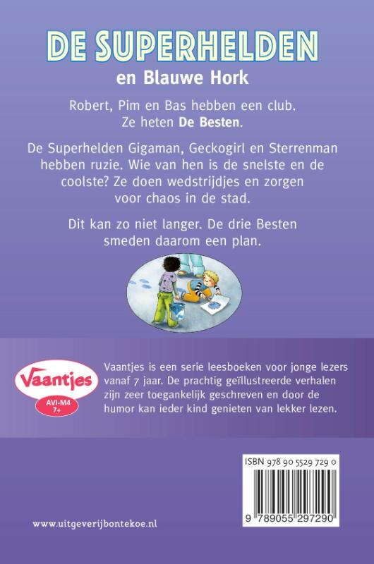 Achterkant van De superhelden en Blauwe Hork