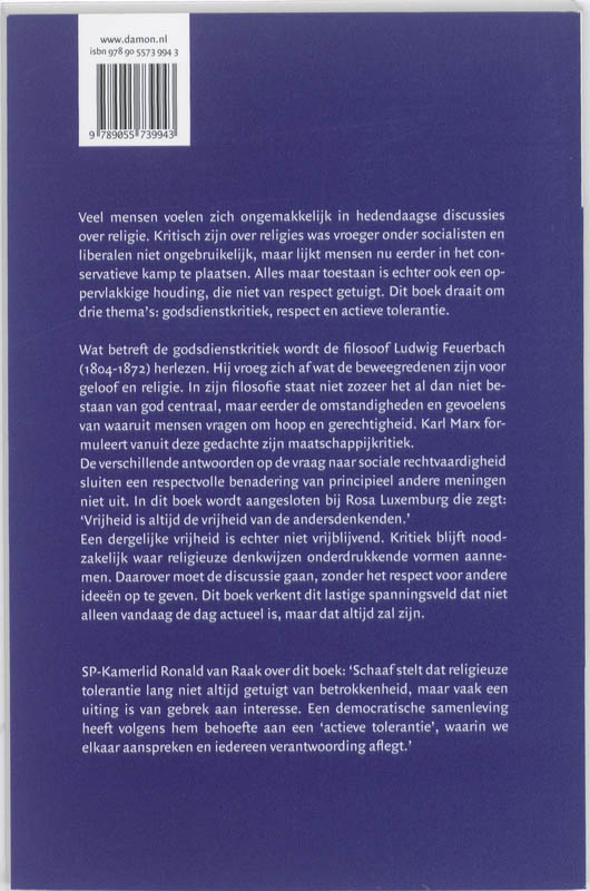 Achterkant van Godsdienstkritiek, respect en actieve tolerantie