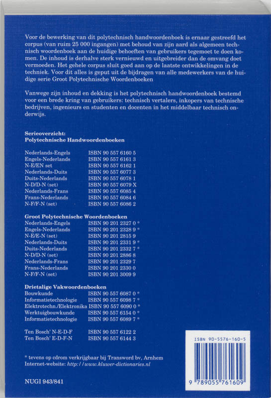 Achterkant van Polytechnisch handwoordenboek Nederlands-Engels