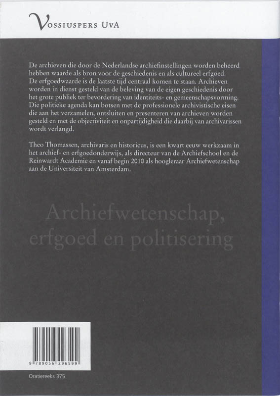 Achterkant van Archiefwetenschap, erfgoed en politisering