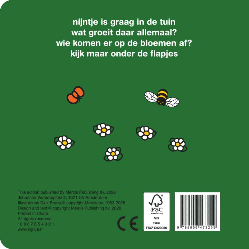Achterkant van flapjesboek nijntje in de tuin