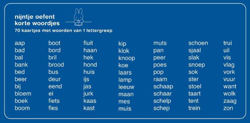Achterkant van oefenkaartjes nijntje oefent korte woordjes