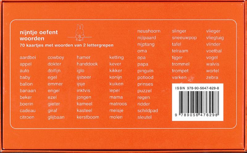 Achterkant van Nijntje oefent woorden
