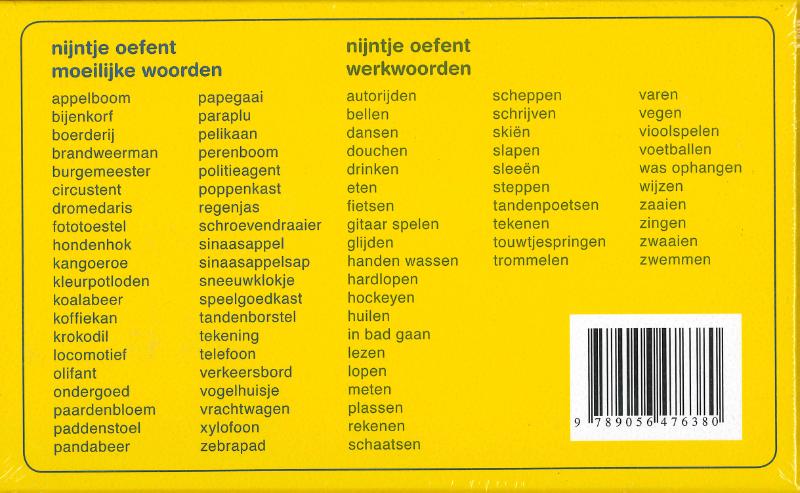 Achterkant van oefenkaartjes nijntje oefent moeilijke woorden