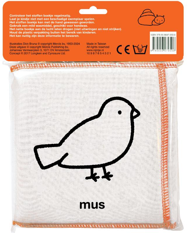 Achterkant van stoffen babyboekje, wat zie je in de tuin, nijntje?