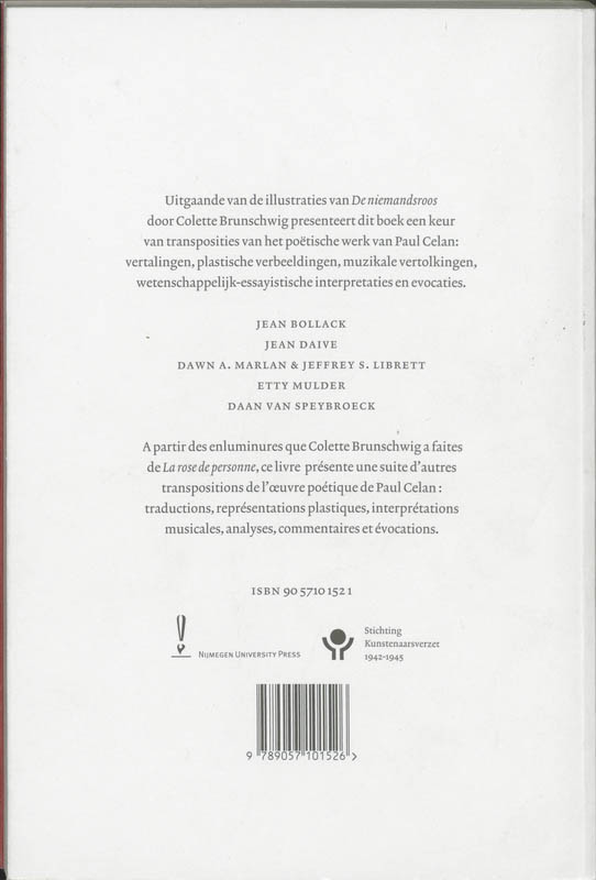 Achterkant van Colette Brunschwig en andere transposities van de poezie van Paul Celan = Colette Brunschwig et autres resonances de l'oevre poetique de Paul Celan
