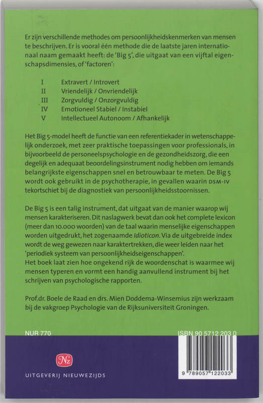 Achterkant van De Big 5 persoonlijkheidsfactoren