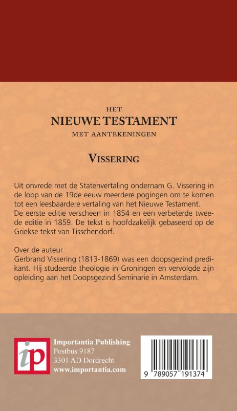 Achterkant van Het Nieuwe Testament met aantekeningen Vissering