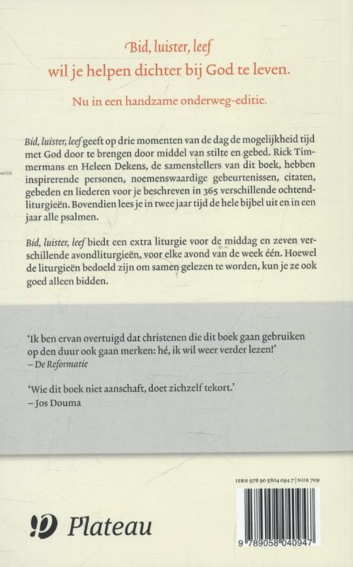 Achterkant van Bid, luister, leef