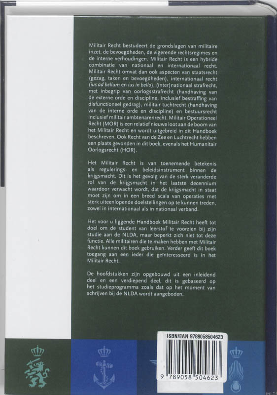 Achterkant van Handboek Militair Recht