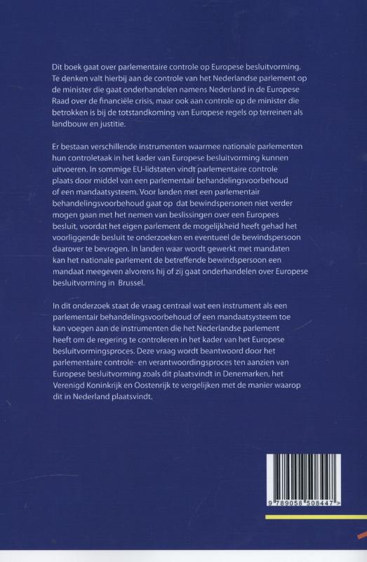 Achterkant van Parlementaire controle op Europese besluitvorming