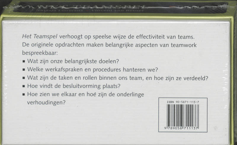 Achterkant van Het teamspel doosje met 58 kaarten