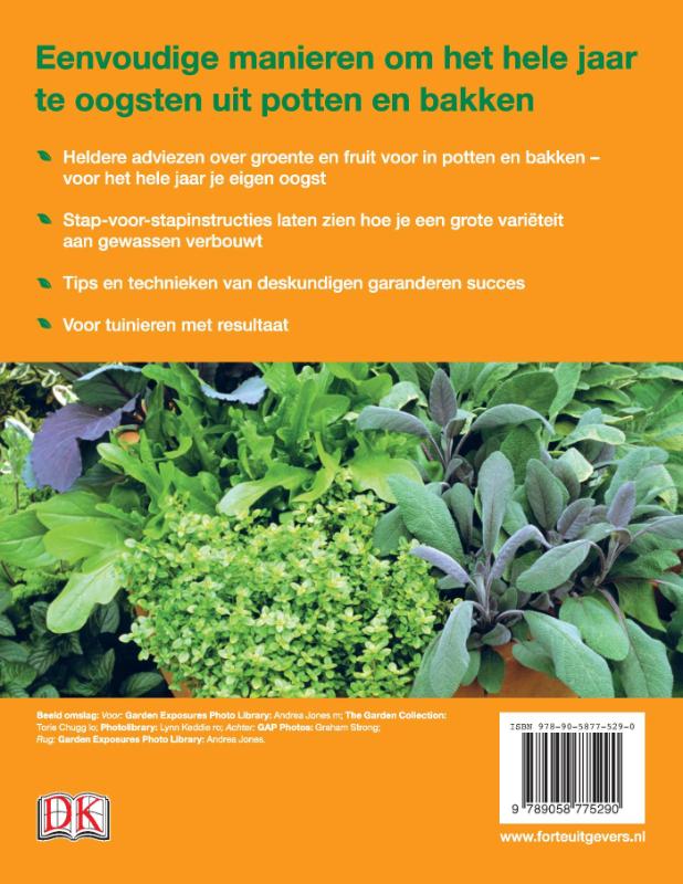 Achterkant van Groente en fruit in potten en bakken