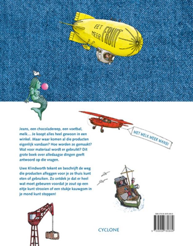 Achterkant van Melk komt uit een pak en jeans groeien op een akker
