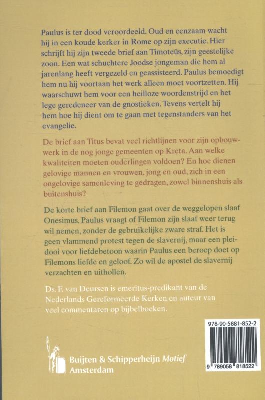 Achterkant van De tweede brief aan Timotëus, de brief aan Titus, de Brief aan Filemon