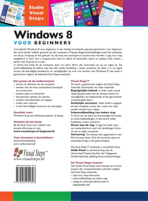Achterkant van Cursusboek windows 8 voor beginners