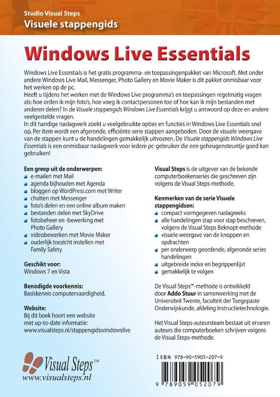 Achterkant van Visuele stappengids Windows Live Essentials