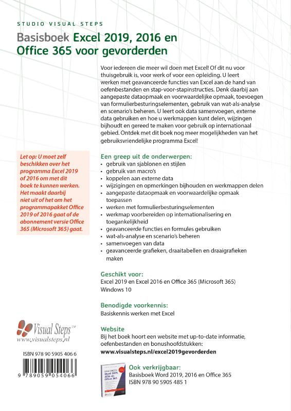 Achterkant van Basisboek Excel 2019, 2016 en Office 365 voor gevorderden