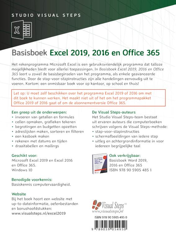 Achterkant van Basisboek Excel 2019, 2016 en Office 365