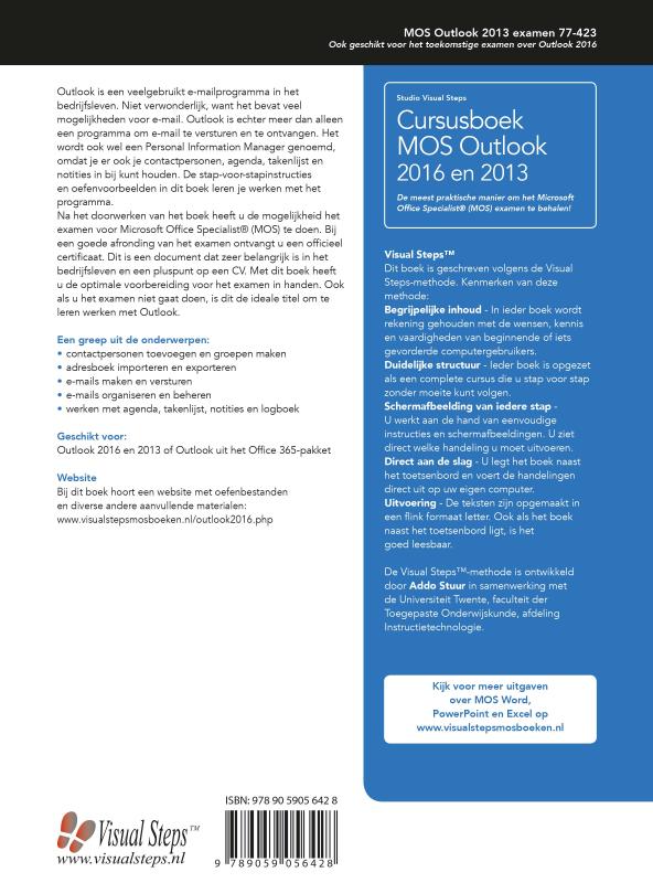 Achterkant van Cursusboek MOS Outlook 2016 en 2013