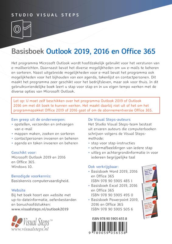 Achterkant van Basisboek Outlook 2019, 2016 en Office 365