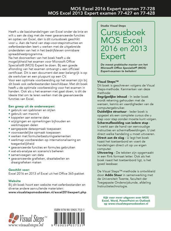 Achterkant van Cursusboek MOS Excel 2016 en 2013 Expert