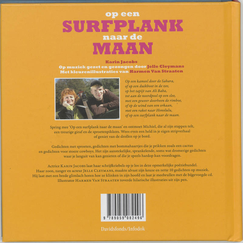 Achterkant van Op een surfplank naar de maan