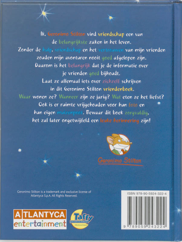 Achterkant van Geronimo Stilton vriendenboek