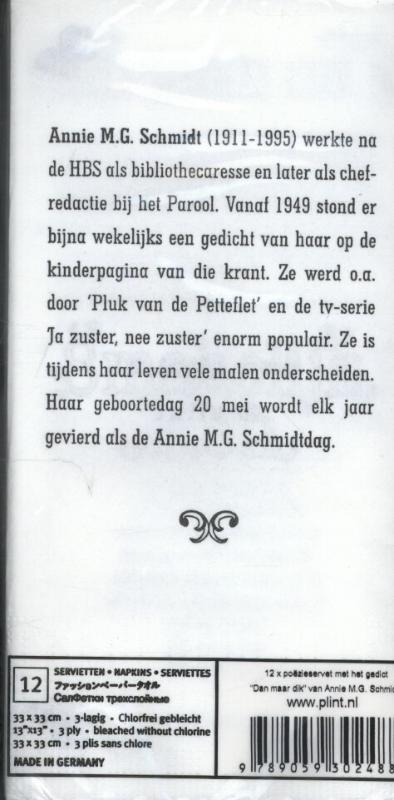 Achterkant van 12x poezieservet Dan maar dik