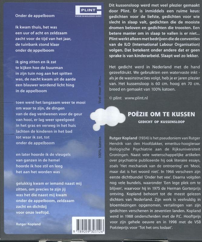 Achterkant van Kussensloop Plint 'Onder de appelboom' Rutger Kopland