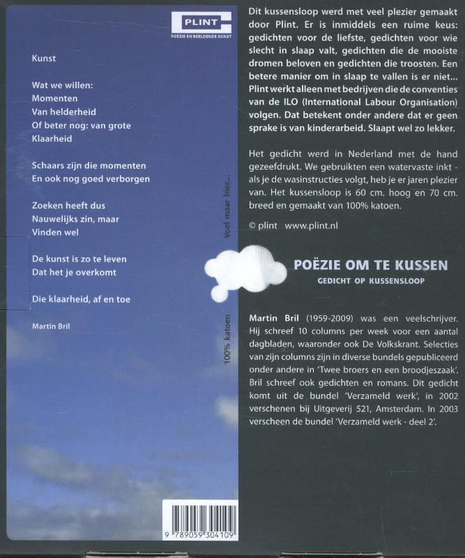 Achterkant van Martin Bril, gedicht: Kunst, op kussensloop SL49