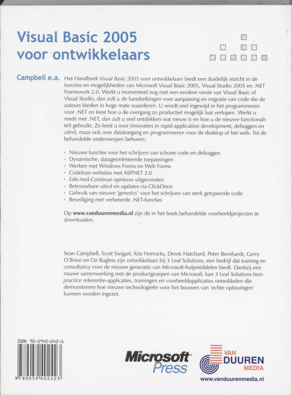 Achterkant van Handboek Visual Basic 2005 voor ontwikkelaars