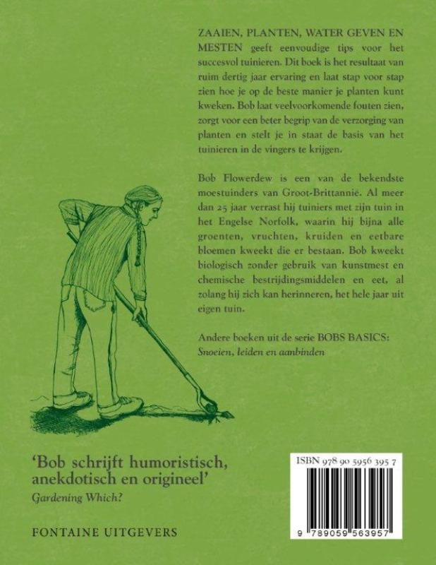 Achterkant van Zaaien, planten, water geven en mesten