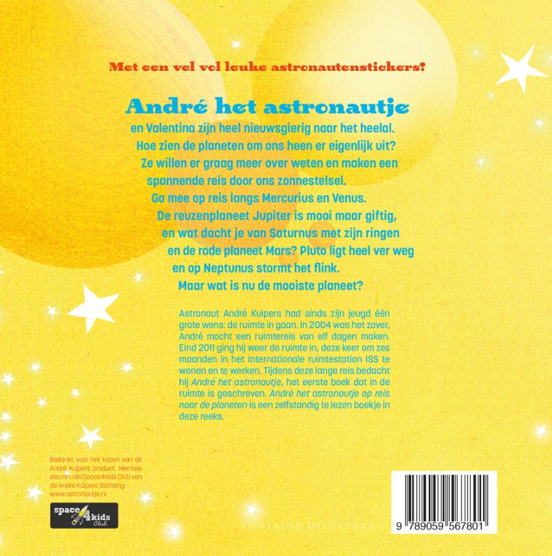 Achterkant van Andre het astronautje op reis naar de planeten