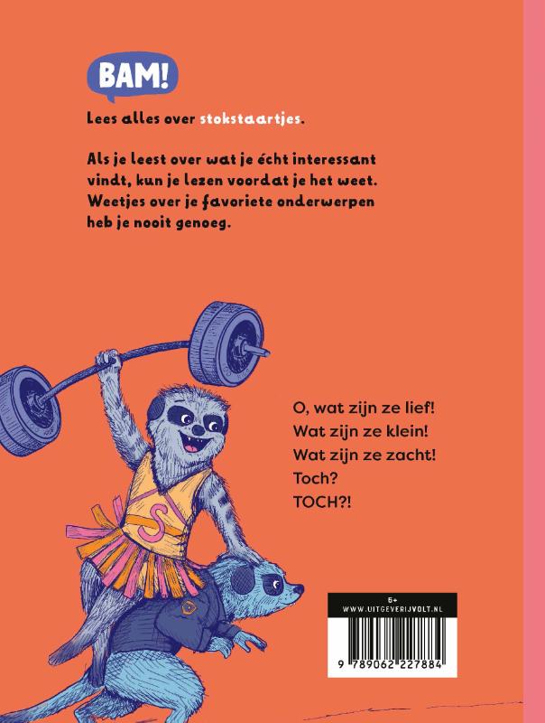 Achterkant van BAM! Ik lees: Stokstaartjes!