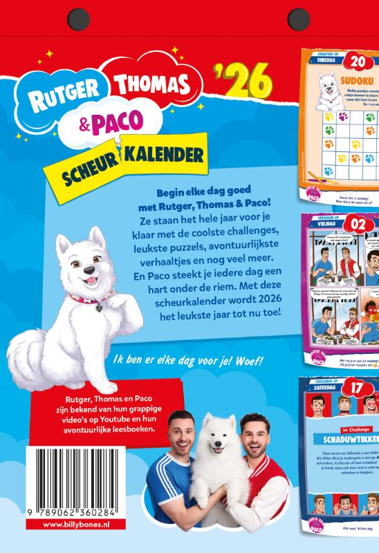 Achterkant van Rutger, Thomas & Paco scheurkalender 2026