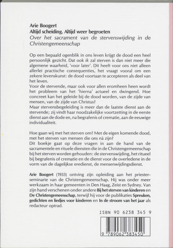 Achterkant van Altijd scheiding, altijd weer begroeten