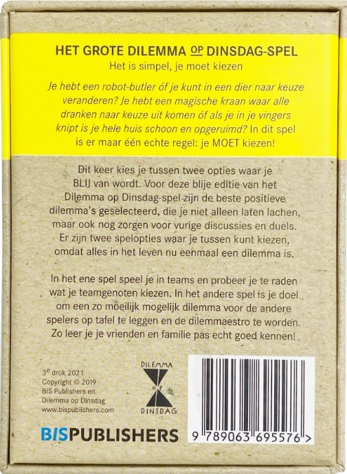 Achterkant van Het grote Dilemma op Dinsdag-spel: de blije editie