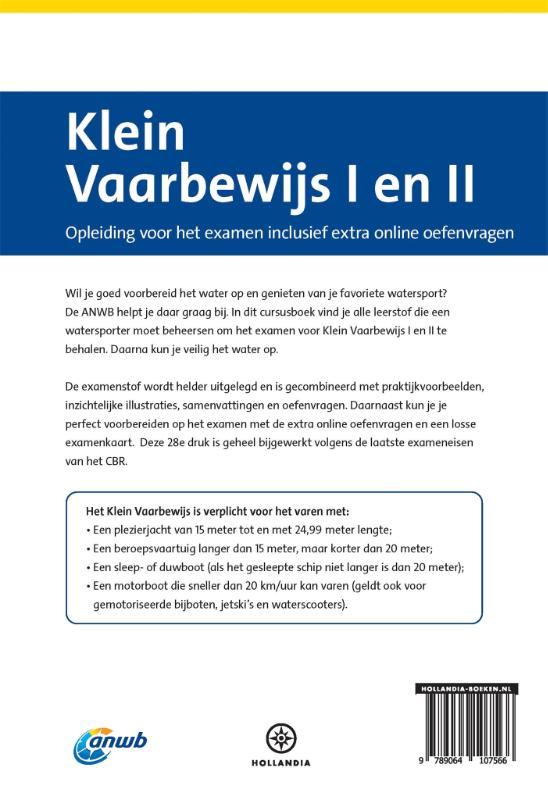 Achterkant van ANWB Cursusboek Klein Vaarbewijs I en II