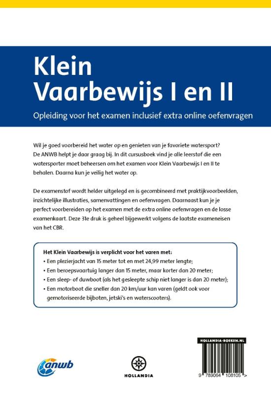 Achterkant van ANWB Cursusboek Klein Vaarbewijs I en II