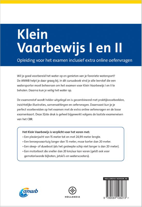 Achterkant van ANWB Cursusboek Klein Vaarbewijs I en II inclusief online examentraining