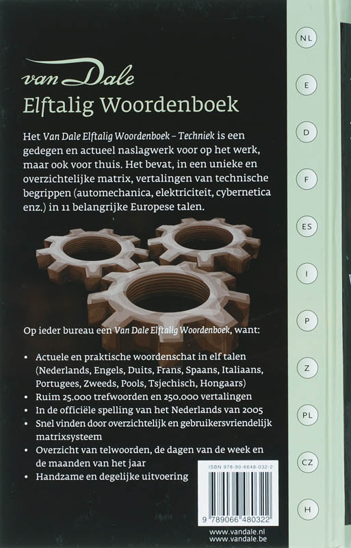 Achterkant van Van Dale Elftalig woordenboek Techniek