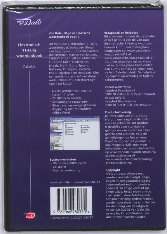 Achterkant van Van Dale Elektronisch 11-talig woordenboek Zakelijk