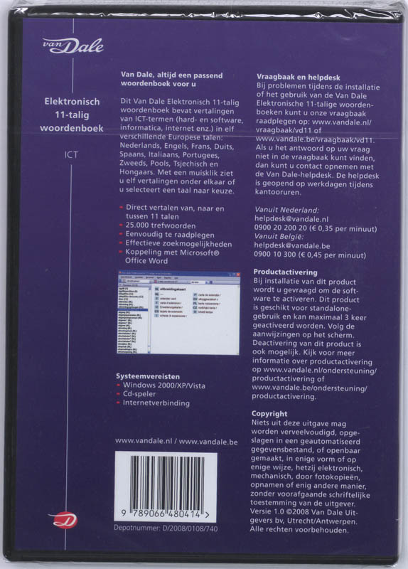 Achterkant van Van Dale Elektronisch 11-talig woordenboek ICT