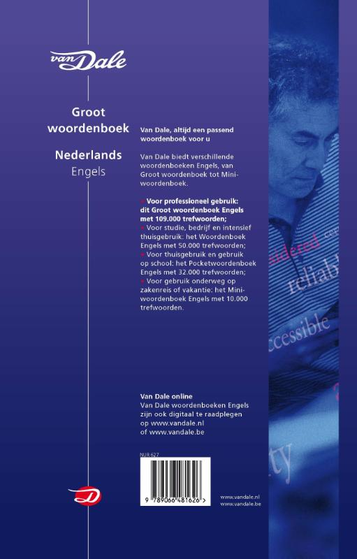 Achterkant van Van Dale Groot woordenboek Nederlands-Engels