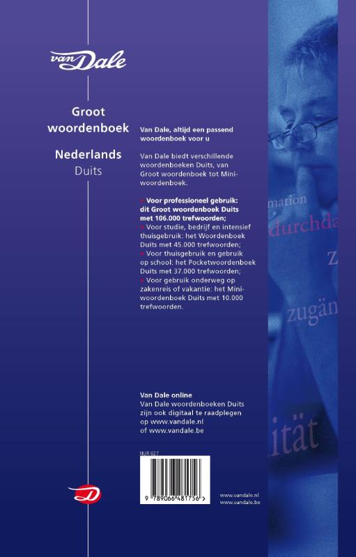 Achterkant van Van Dale Groot woordenboek Nederlands-Duits